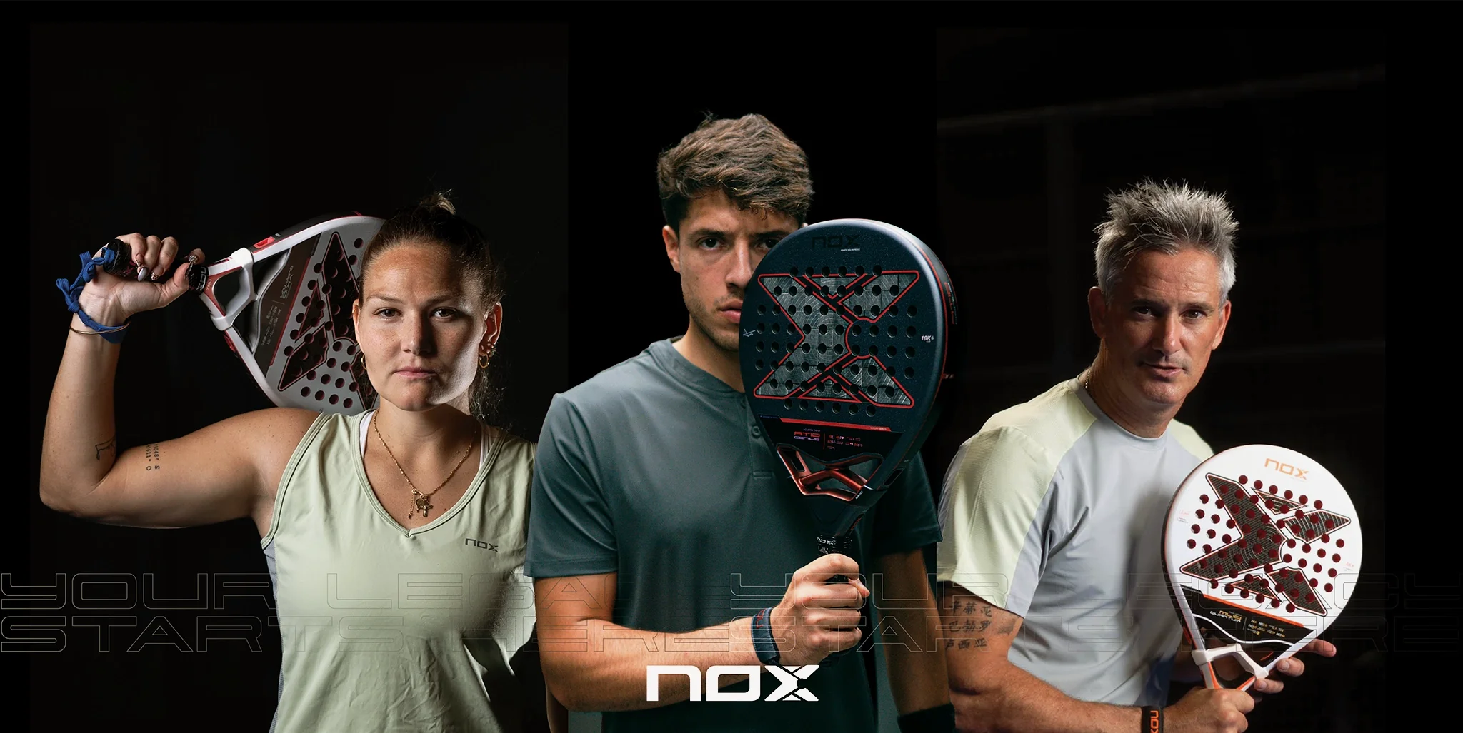Banner promocional de NOX con los jugadores profesionales Agustín Tapia, Miguel Lamperti y Aranza Osoro, representando la pasión, técnica y excelencia que definen a los atletas de la marca