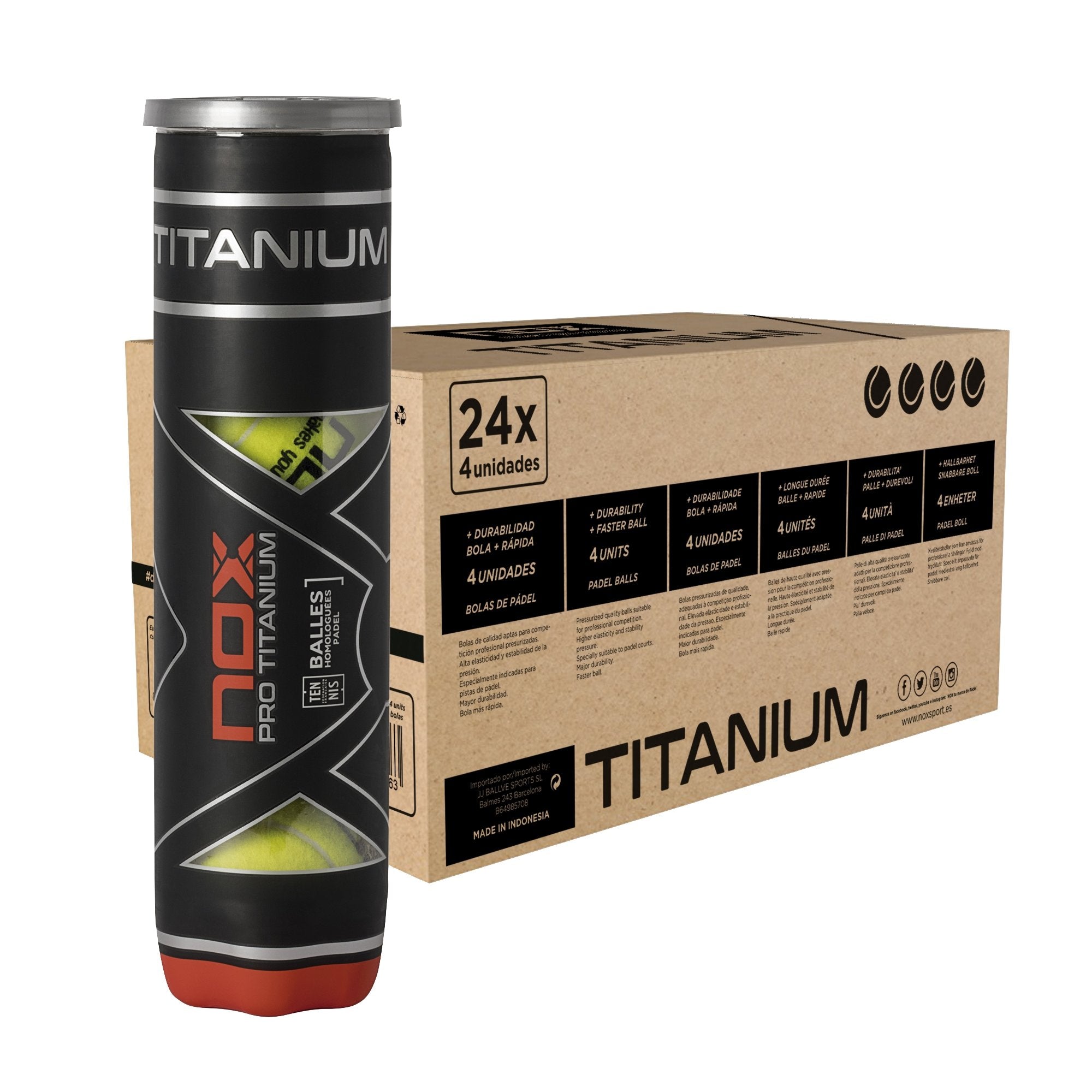 Cajón 24 botes de 4 pelotas de pádel PRO TITANIUM - NOXcajones de botes de pelotasBolas