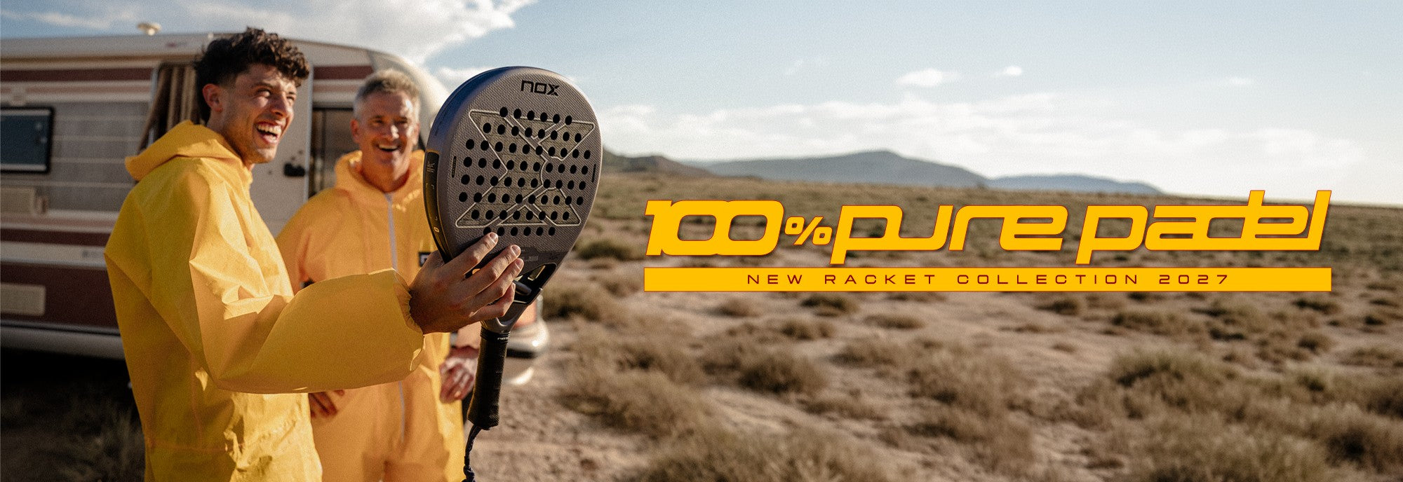 NOX 100% Pure Padel campaign: new racket collection 2027, two players in yellow suits holding NOX rackets in the desert